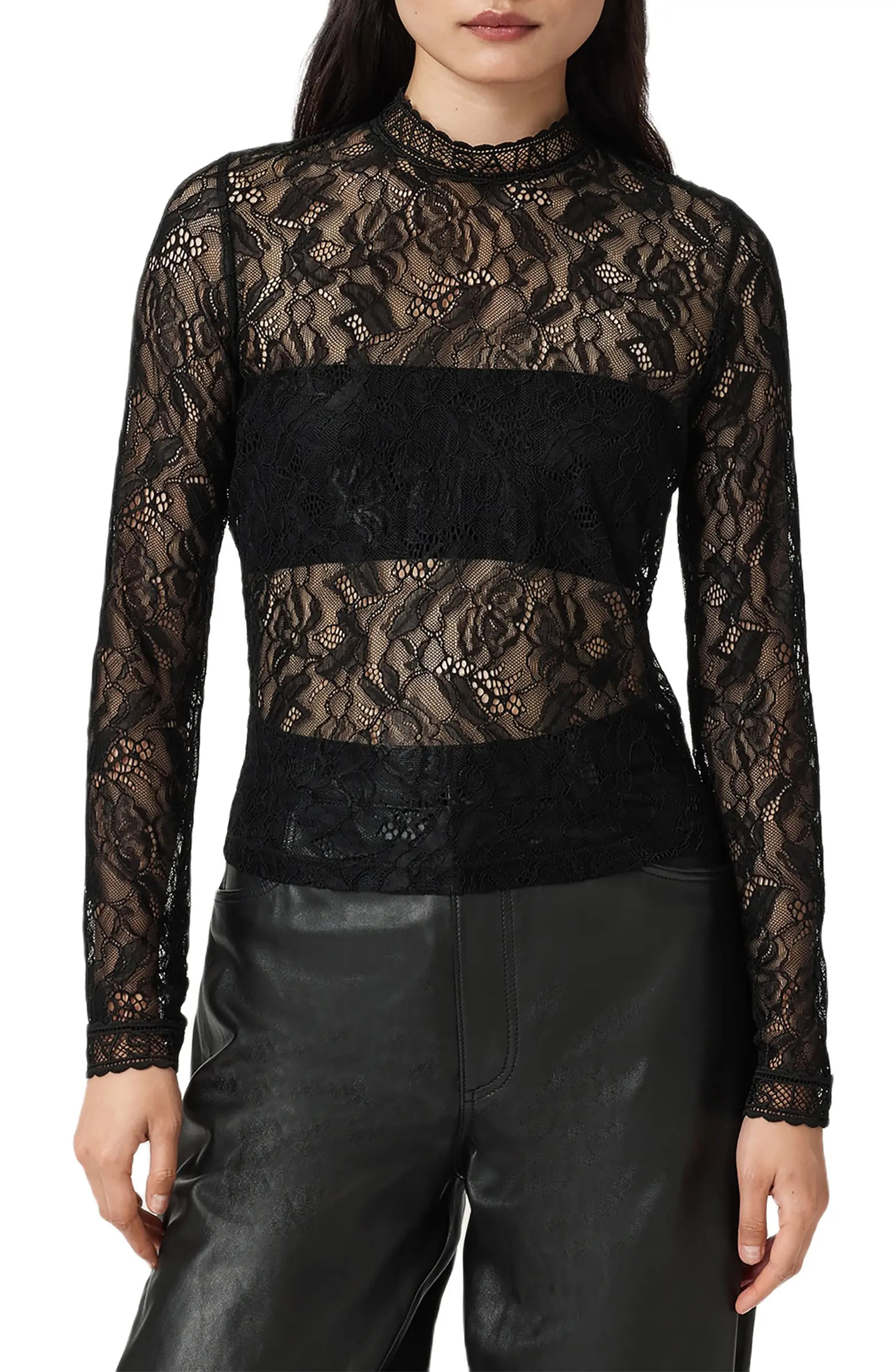 AllSaints Aria Embroidered Lace Long Sleeve Shirt | Nordstrom | Nordstrom