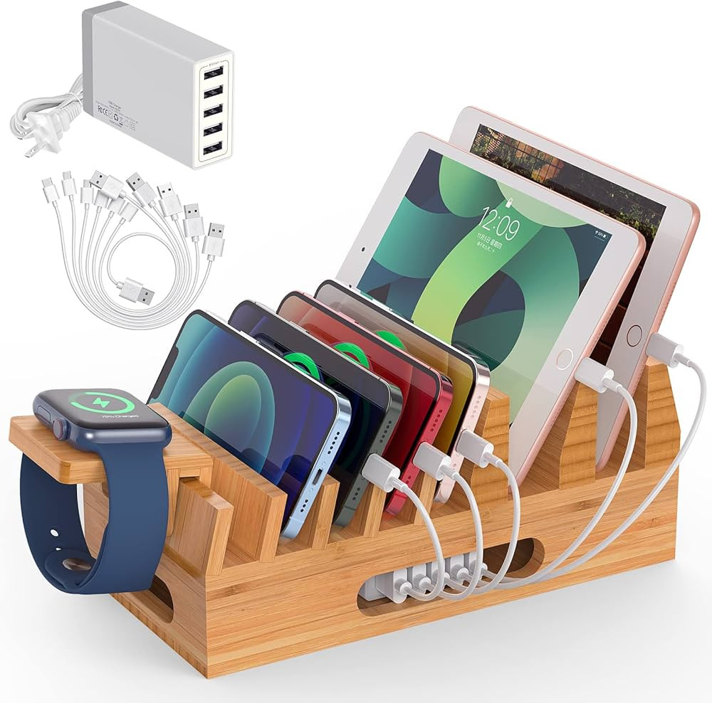 Pezin & Hulin Bamboo Charging Station Holder with 5 Port USB Charger, Watch Stand, 6 x Charge Cab... | Amazon (US)