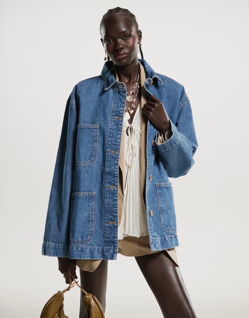 ASOS DESIGN denim barn jacket with pocket detail-Blue | ASOS (Global)