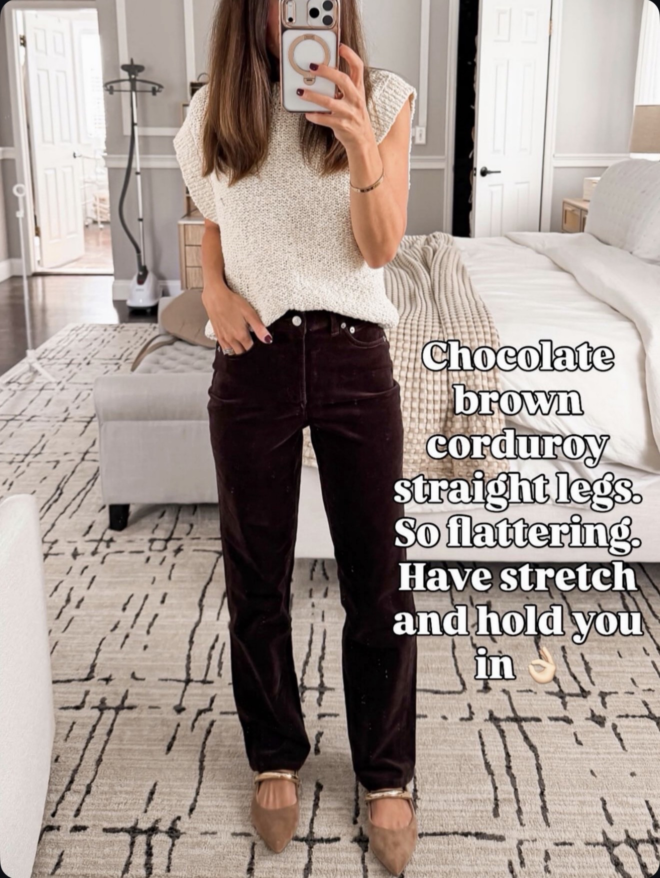 Chocolate brown corduroy straight legs. Flattering, stretchy, and hold you in. Wearing size xs 

#LTKGiftGuide #LTKOver40 #LTKHoliday