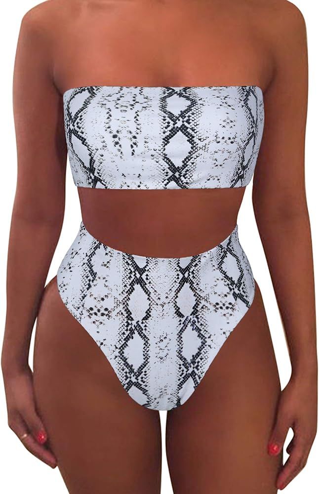 Women's Bandeau Bikini Leopard Print High Cut Strapless High Waist Bathing Suit | Amazon (US)