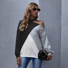 Asymmetrical Neck Colorblock Pullover | SHEIN