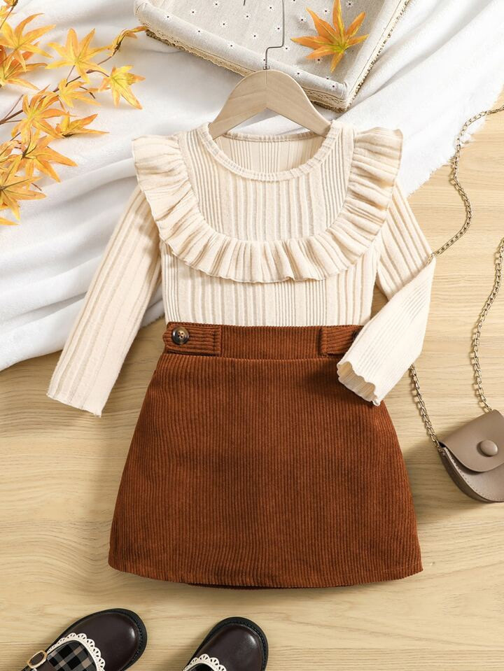 SHEIN Kids EVRYDAY Toddler Girls Ruffle Trim Tee & Skirt | SHEIN