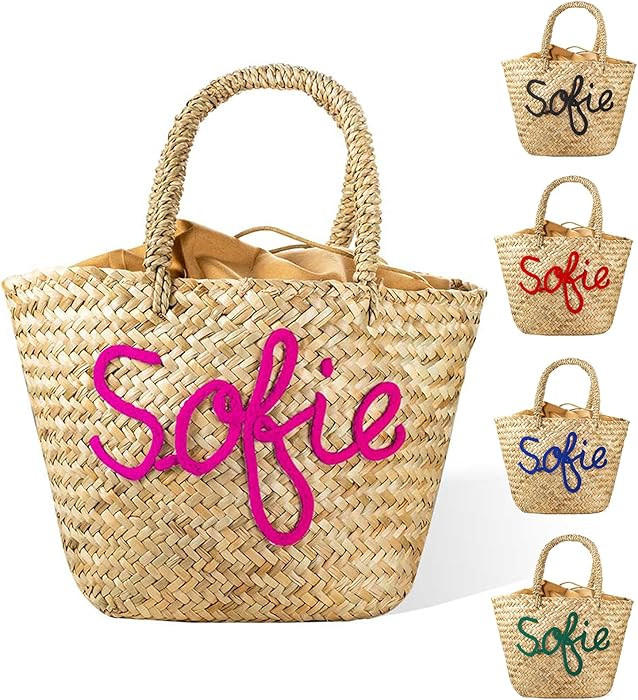 callie Personalized Women Tote Bag Straw Hobo Handbag with Name, Custom Drawstring Bucket Bag Sum... | Amazon (US)
