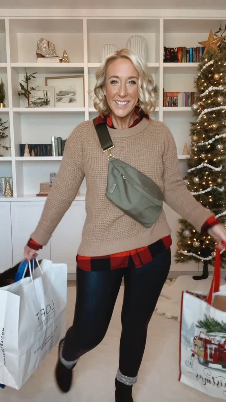 Holiday Outfits by occasion. 
1. Waffle sweater - size small & on sale for $10 // plaid flannel- size small TALL. // leggings - size large petite (code LESLIEXSPANX) // boots - tts. 
2. Bodysuit - size medium. // trousers - size medium short.
3. Plaid dress - size 6 petite // heels - tts. 
4. Henley top - size small // PJ pants - size medium. // slippers - tts. $16.98.
5. Sequin top - size small // pink skirt - size medium.

#LTKHoliday #LTKVideo #LTKSeasonal