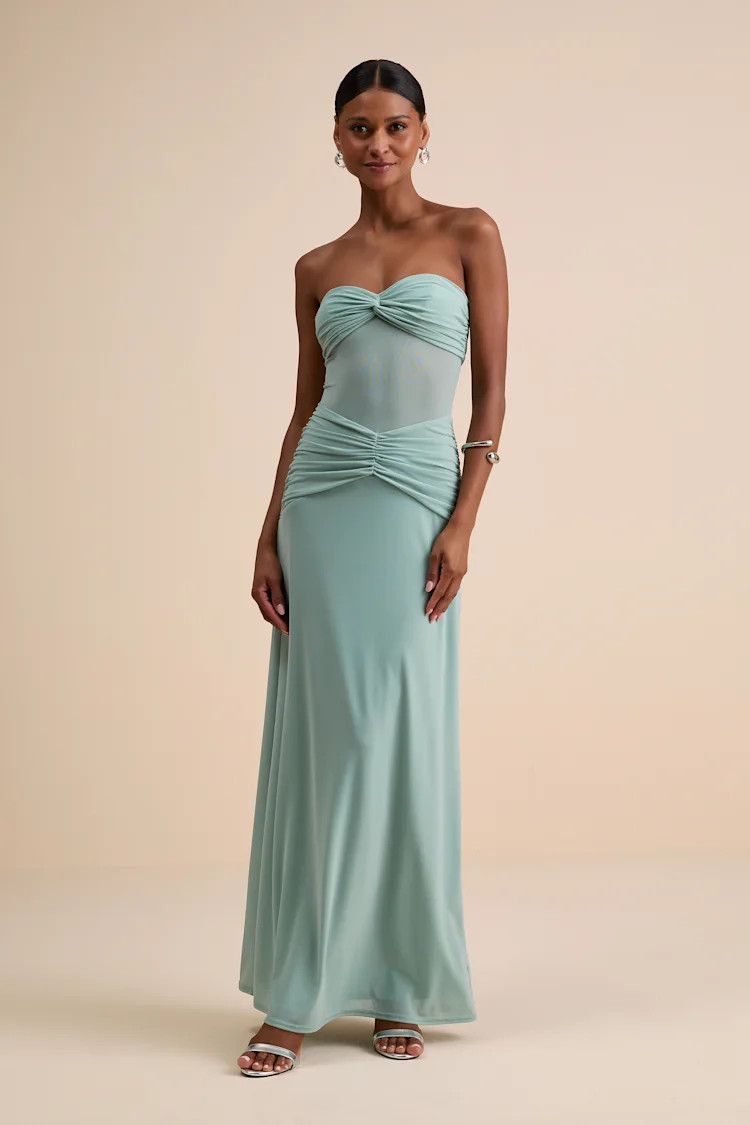 Ursella Sage Blue Mesh Strapless Maxi Dress | Lulus