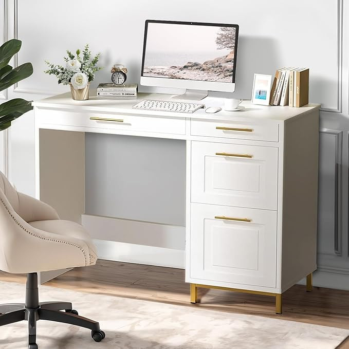 4 EVER WINNER White Desk with 4 Storage Drawers, 43” Home Office Computer Desk with Gold Hardwa... | Amazon (US)