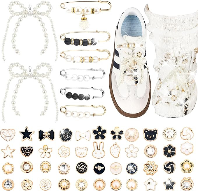 48Pcs Charms for Socks Shoes Pearl Safety Pins Shoe Charms for Sneakers Rhinestone Brooch Button ... | Amazon (US)