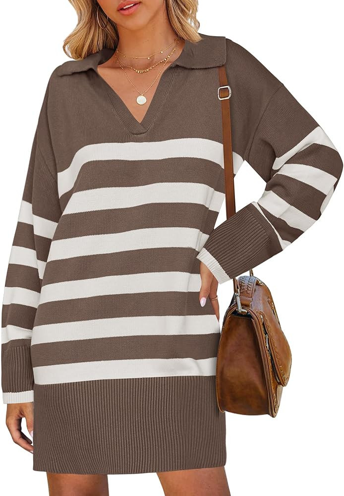 ZESICA Women's Striped Sweater Dress 2024 Fall Long Sleeve V Neck Collar Loose Knit Mini Dresses | Amazon (US)