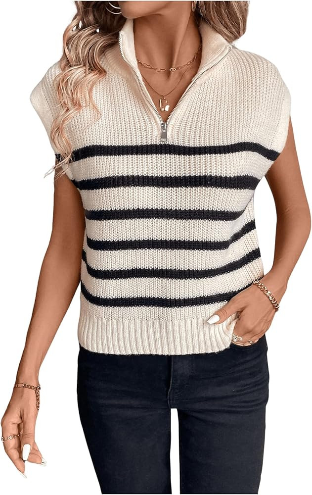 Floerns Women's Striped Print Sleeveless Crochet Knit Half Placket Sweater Vest | Amazon (US)