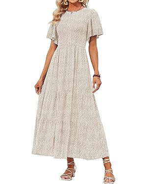 ZESICA Women's 2024 Summer Casual Floral Print Short Flutter Sleeve Crew Neck Smocked High Waist ... | Amazon (US)