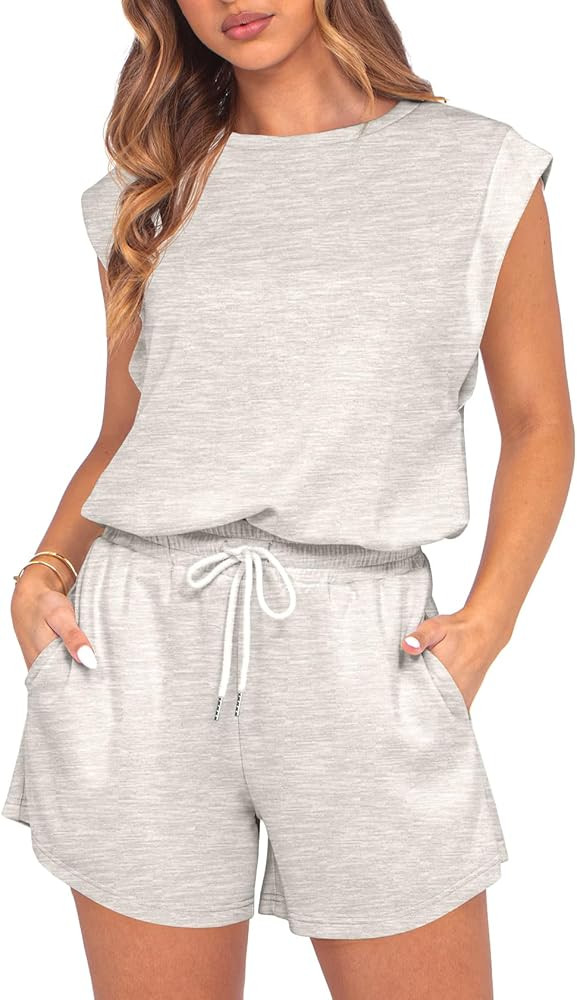 GRECERELLE Rompers For Women 2025 Summer Cap Sleeve Adjustable Drawstring Waistband Cozy Lounge S... | Amazon (US)