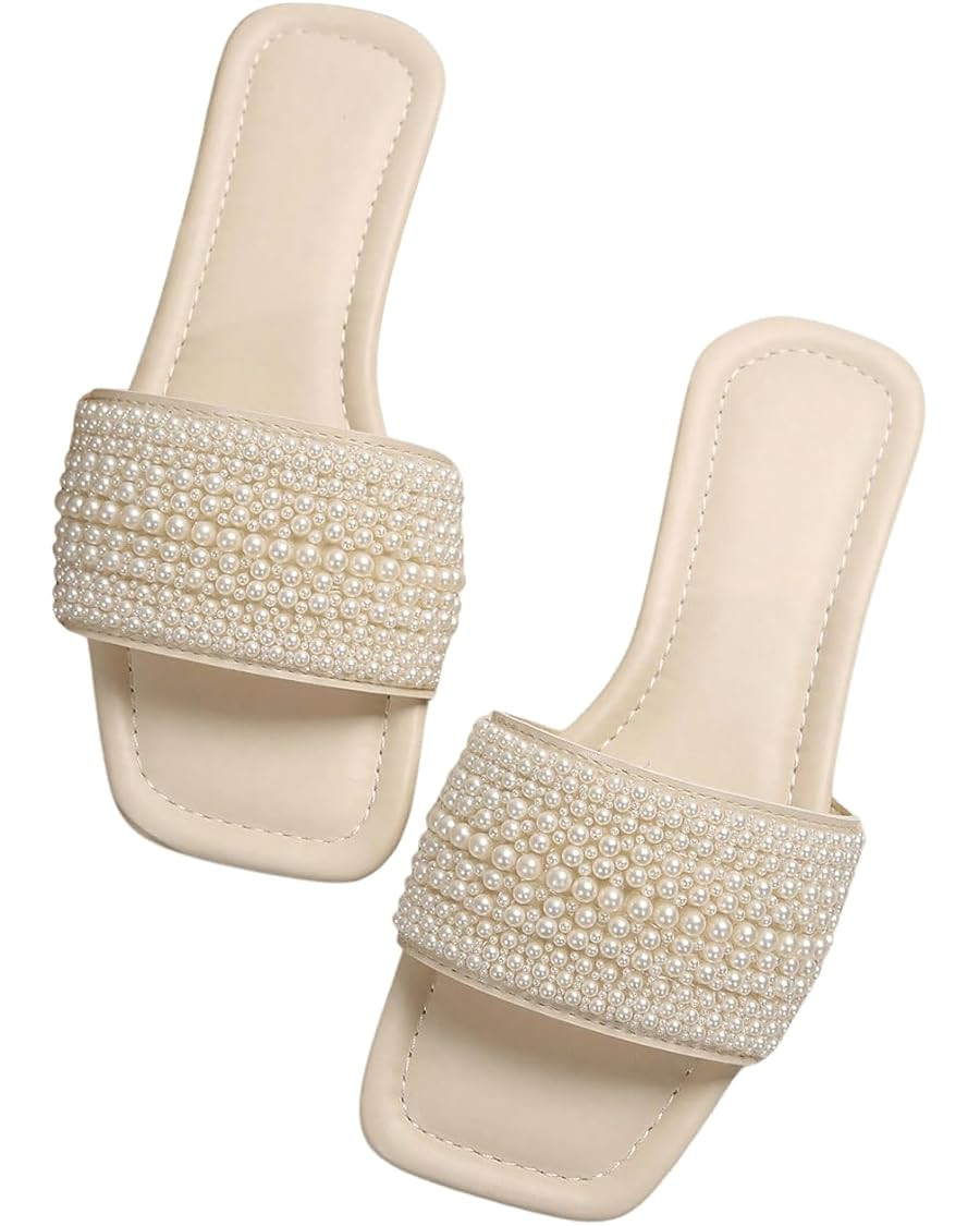 GORGLITTER Women's Pearl Sandals Rhinestone Sparkly Flat Sandals Wedding Dressy Scattered Sequin ... | Amazon (US)