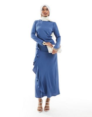 ASOS DESIGN ruched waist asymmetric hem maxi dress in blue | ASOS (Global)
