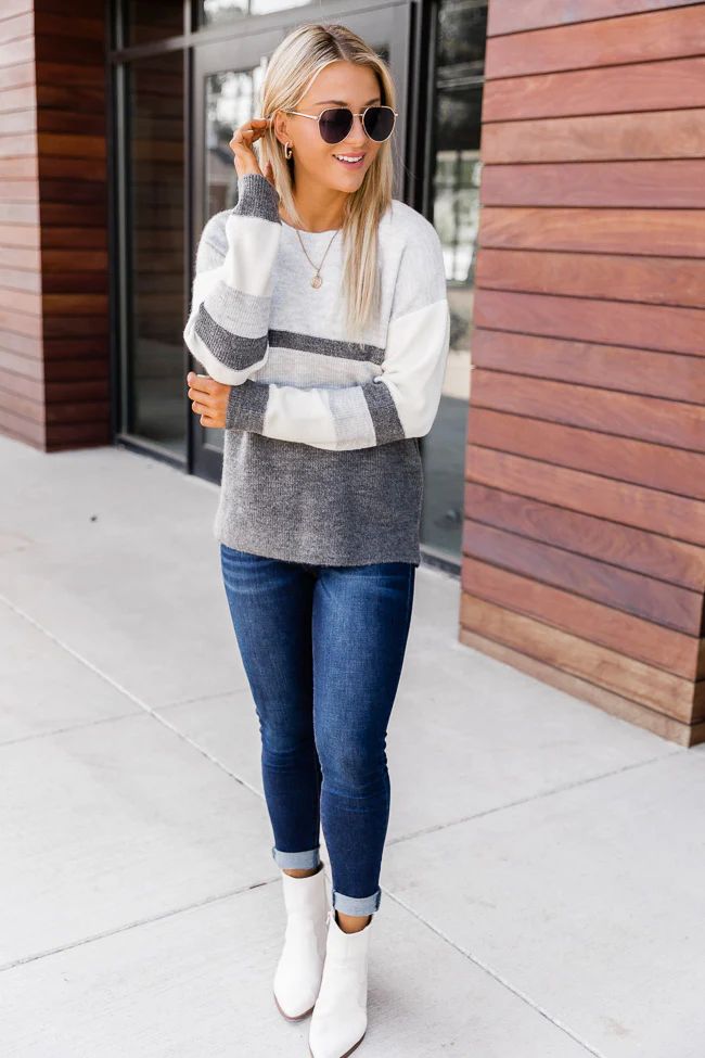Turning Time Grey Striped Sweater | The Pink Lily Boutique