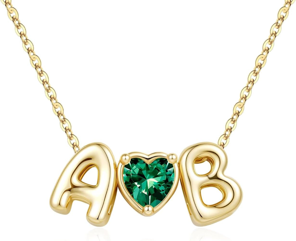 M MOOHAM Heart Initial Birthstone Necklace for Women Girls - 14K-Gold-Plated Two Initial Birthsto... | Amazon (US)