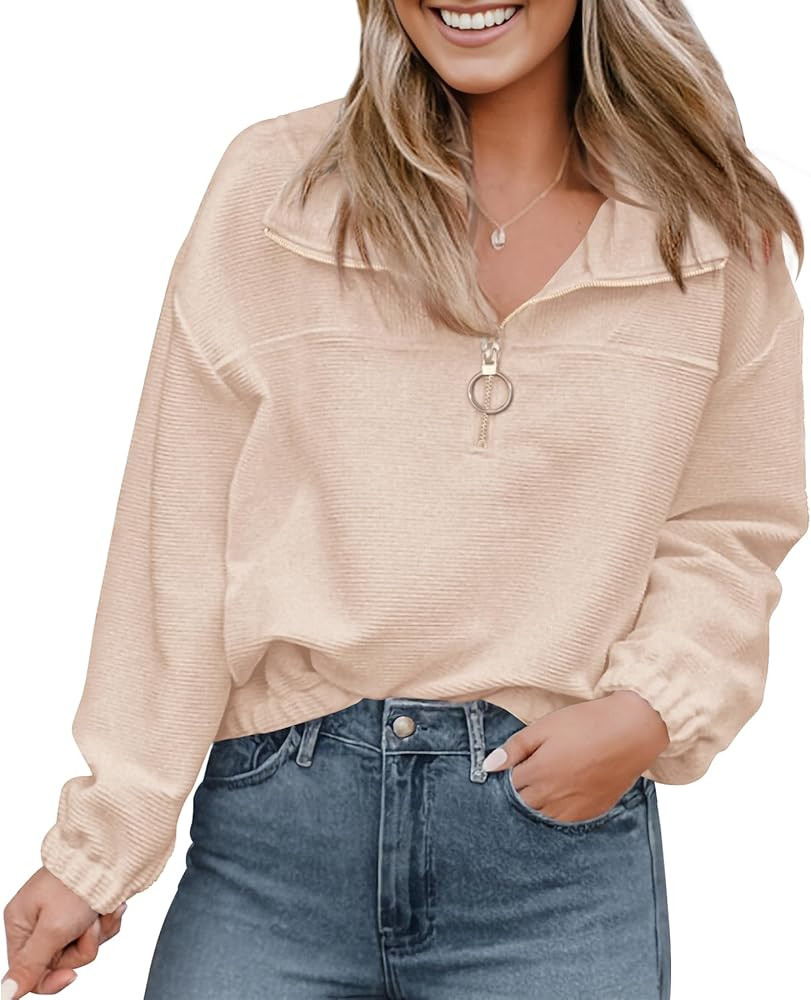 PRETTYGARDEN Women's 2023 Fall Sweatshirt Half Zip Collar Pullover Tops Oversized Long Sleeve Pla... | Amazon (US)