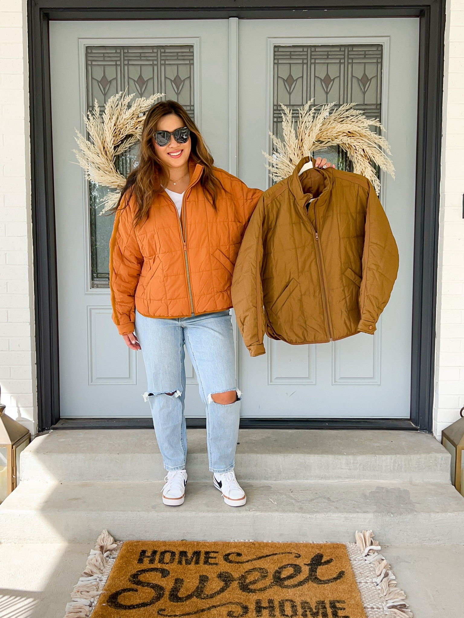 Free People Pippa Packable Puffer Jacket vs. Amazon Look for Less
Size Medium in both
Tee: Small
Jeans: 8
Nike Sneakers: TTS
