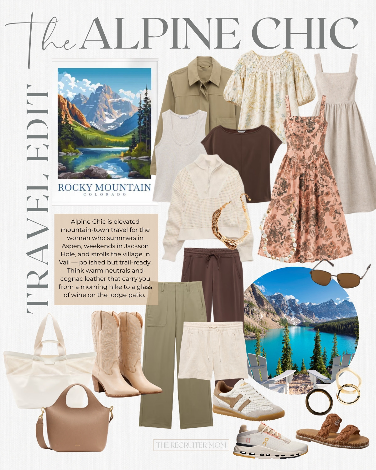 Alpine Chic is elevated mountain-town travel for the woman who summers in Aspen, weekends in Jackson Hole, and strolls the village in Vail — polished but trail-ready. Think warm neutrals and cognac leather that carry you from a morning hike to a glass of wine on the lodge patio.

#LTKSeasonal #LTKOver40 #LTKTravel