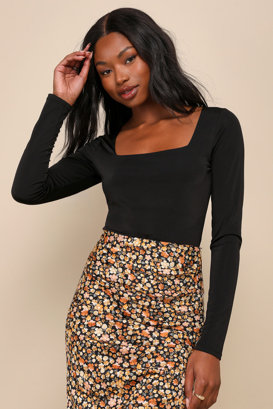 Perfect Possibility Black Long Sleeve Square Neck Top | Lulus
