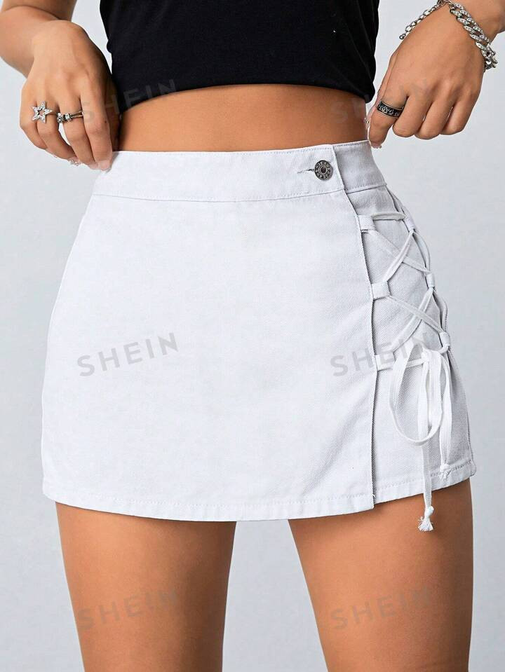SHEIN ICON Lace Up Front Denim Skort | SHEIN