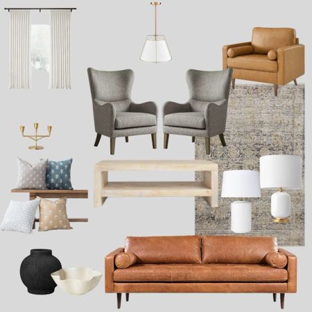 Living room mood board:  modern transitional style.  

Amazon leather accent chair.  Homerilla pinch pleat curtains.  Leather Poly and Bark couch.  White table lamps.  Coffee table wooden.  Pillow covers Woven and Nook.  Loloi Jean Stoffer area rug.  Gray wingback chair.  
