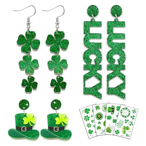 St Patricks Day Earrings & Tattoos for Women, 3 Pairs Irish Earrings + Shamrock Temporary Tattoos for Irish Festival Party Celebration, Green Saint Patricks Day Shirt & Outfits Accessories for Adults | Amazon (US)