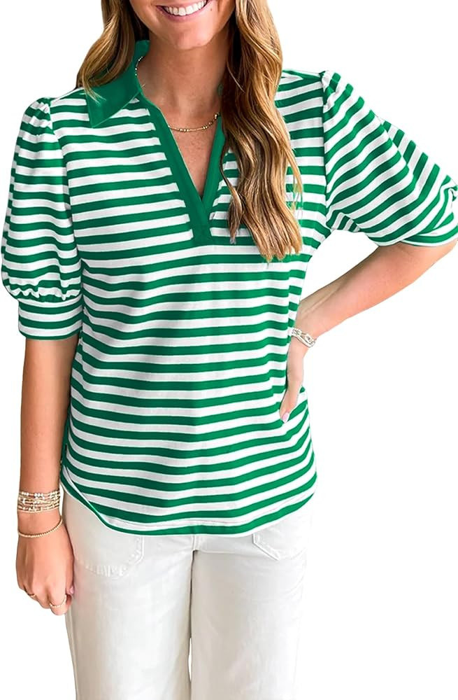 Women Tops Green Stripe Collared V Neck Short Puff Sleeve Top | Amazon (US)