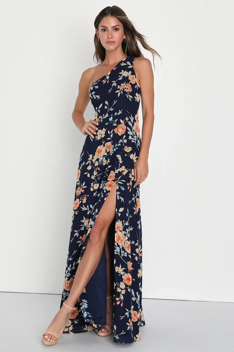 Elegant Admiration Navy Blue Floral One-Shoulder Maxi Dress | Lulus