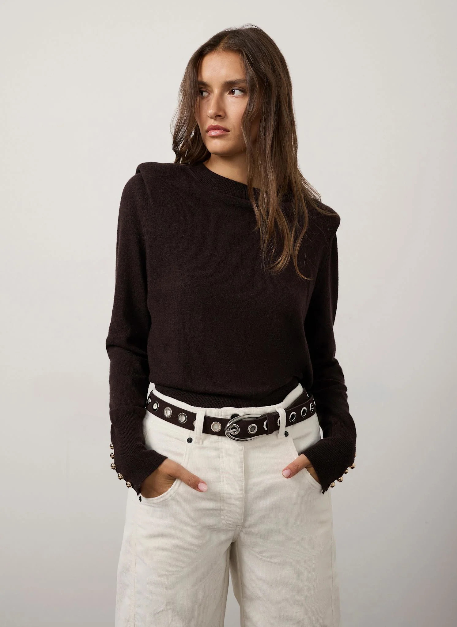 Brown Cotton Blend Shoulder Detail Top | Mint Velvet - ROW