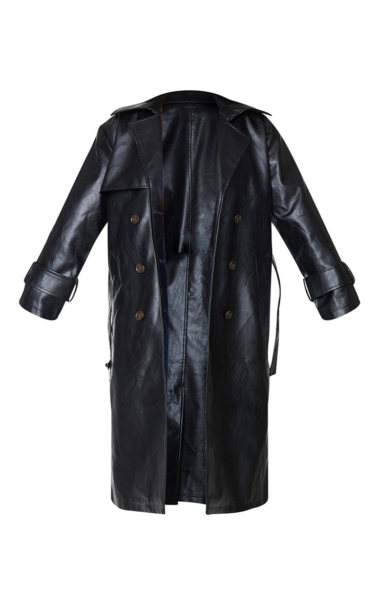 Petite Black Faux Leather Sleeve Detail Trench Coat | PrettyLittleThing UK