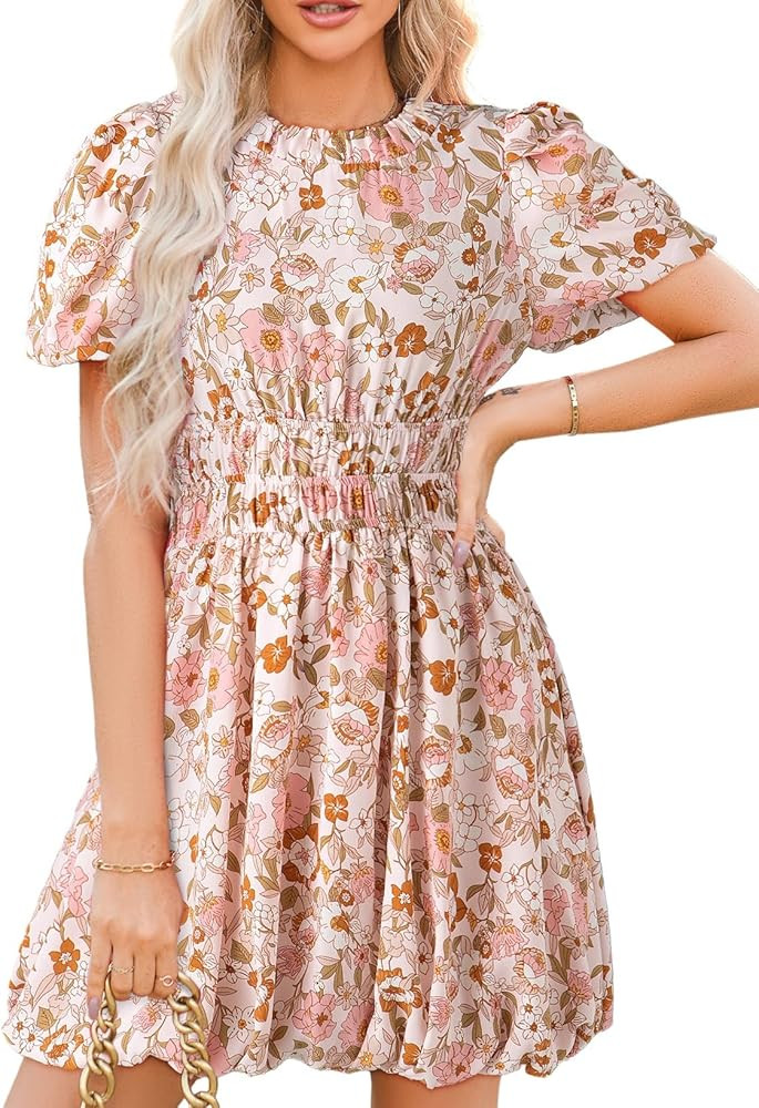 Dokotoo Womens Boho Dresses Crewneck Puff Sleeve Tie Back Smocked Empire Waist Beach Floral Mini ... | Amazon (US)