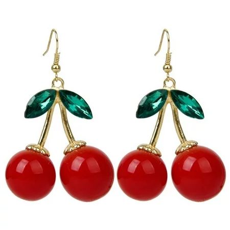 1 Pair Women Cherry Earrings Drop and Dangle with Sparkling Green Rhinestones | Walmart (US)
