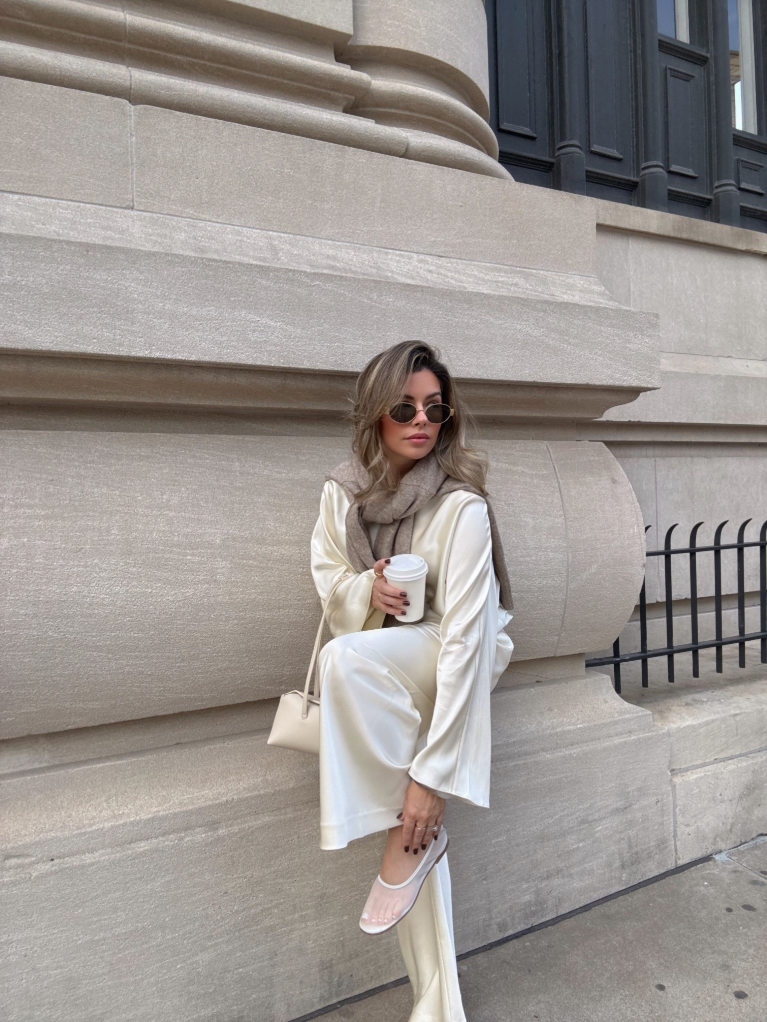 Silk set outfit for fall 🤍 This neutral matching set is the perfect mix of elevated loungewear and effortless street style. I paired it with nude mesh flats from dear francis, a cozy sweater over the shoulders, and my go-to mini bag for a polished city look. 