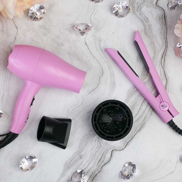 Pink Hair Tools Travel Set - Mini Blow Dryer & Hair Straightener | Aria Beauty
