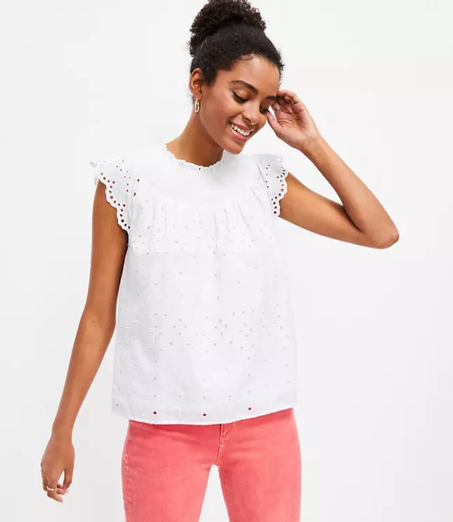 Eyelet Smocked Neck Top | LOFT