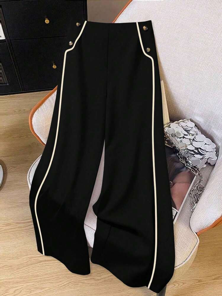 Regalyn Plus Size Women Casual Contrast Trim Straight Leg Pants | SHEIN