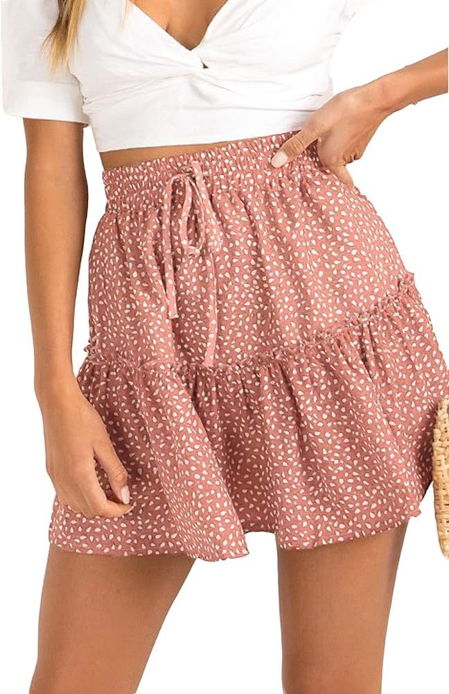 Alelly Women's Summer Cute High Waist Ruffle Skirt Floral Print Swing Beach Mini Skirt | Amazon (US)