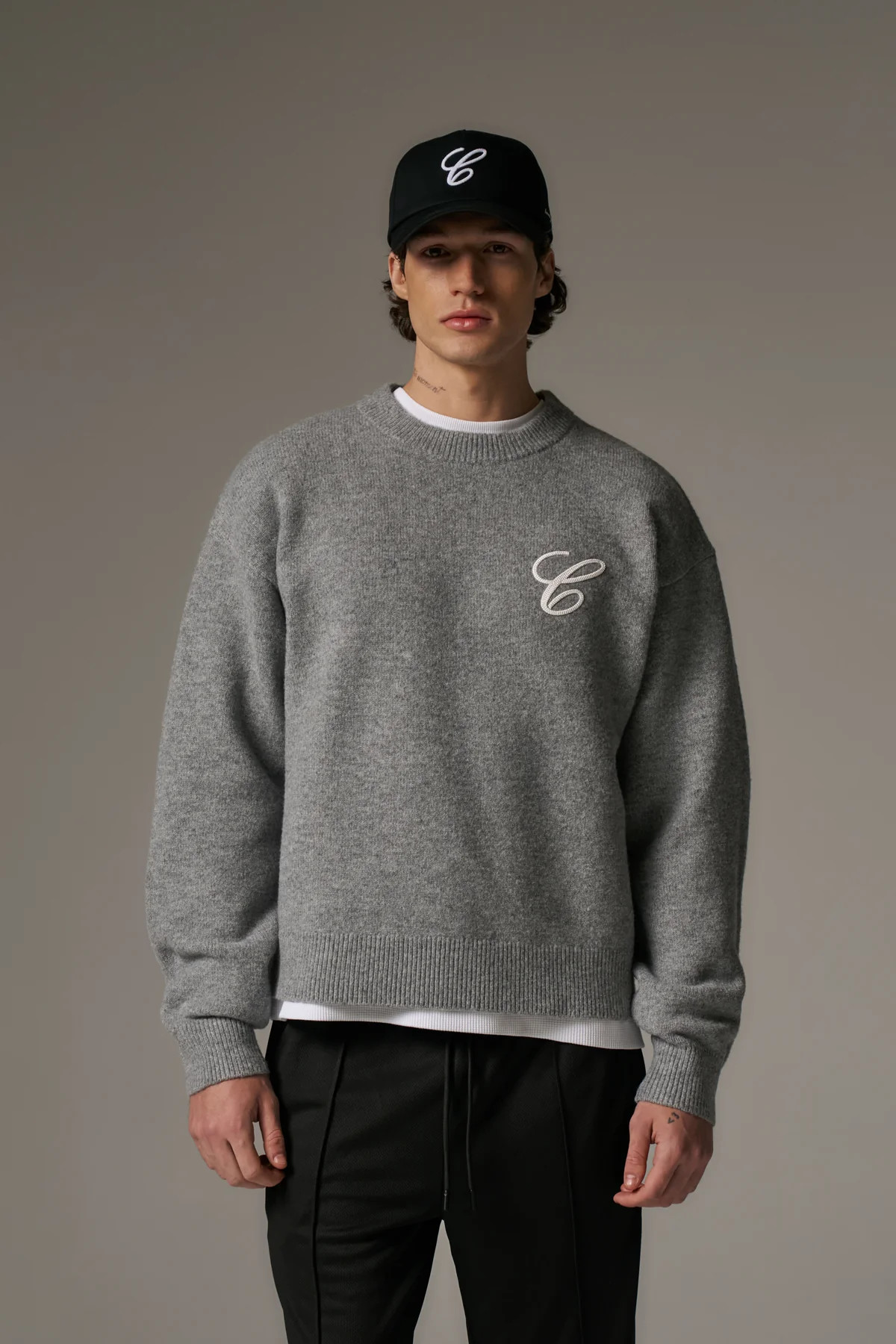 C EMBROIDERY KNITTED CREW - GREY MARL | The Couture Club
