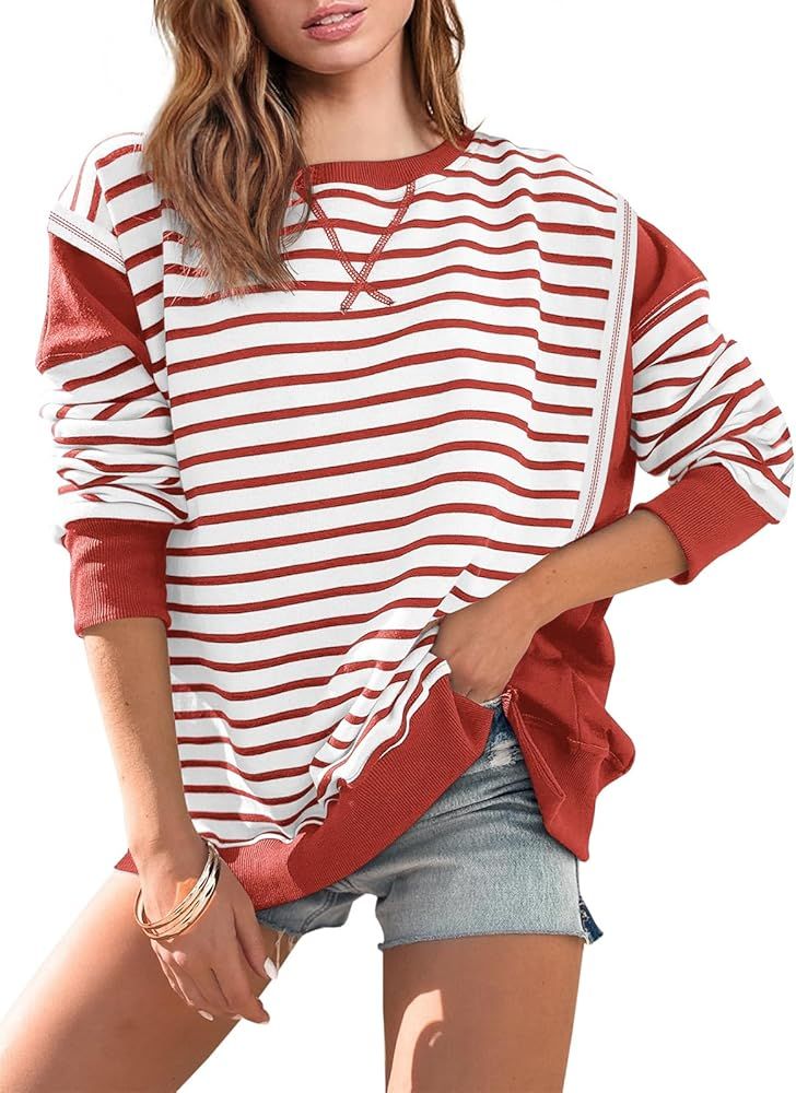 Yousify Oversized Sweatshirts for Women Loose Fit Crewneck Striped Color Block Long Sleeve Tops S... | Amazon (US)