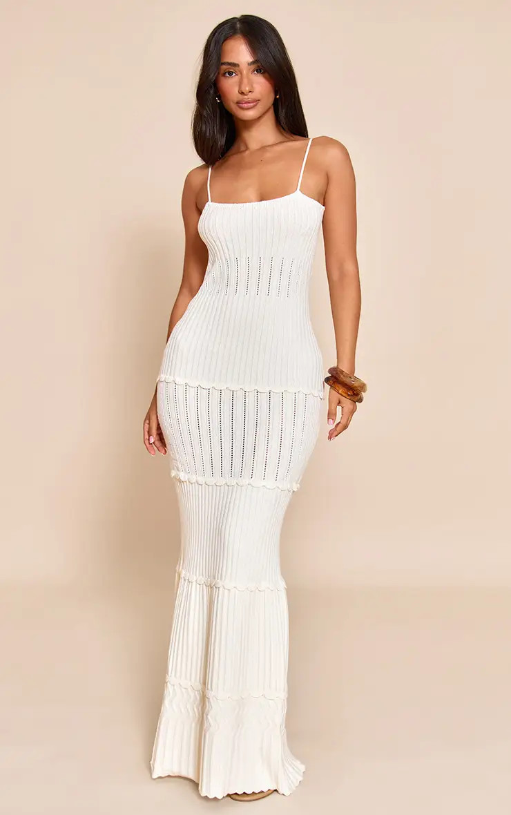 Cream Scalloped Edging Knitted Maxi Dress | PrettyLittleThing USA | PrettyLittleThing US