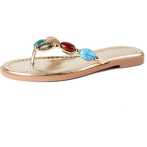 Jeweled Thong Flip Flops for Women Open Round Toe Flat Sandals Summer Beach Casual Slippers | Amazon (US)