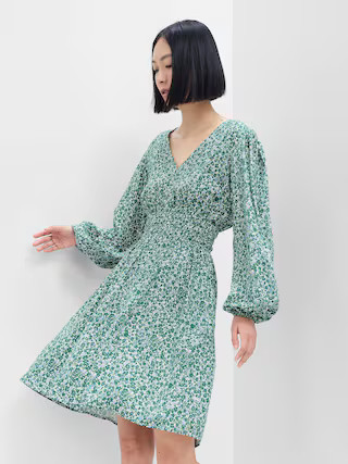 Print Smocked V-Neck Mini Dress | Gap Factory