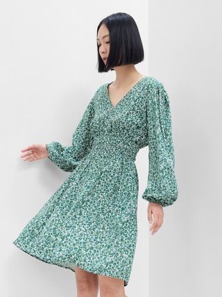 Print Smocked V-Neck Mini Dress | Gap Factory