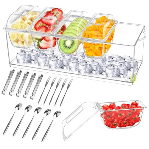 Ice Chilled 5 Compartment Condiment Server Caddy,Condiment Server with Separate Lids, Condiment Pots with 5 Removable Dishes,Serving Tray Platter for Bar Accessories, Fruit, Salad, Taco, Party Garnish | Amazon (US)