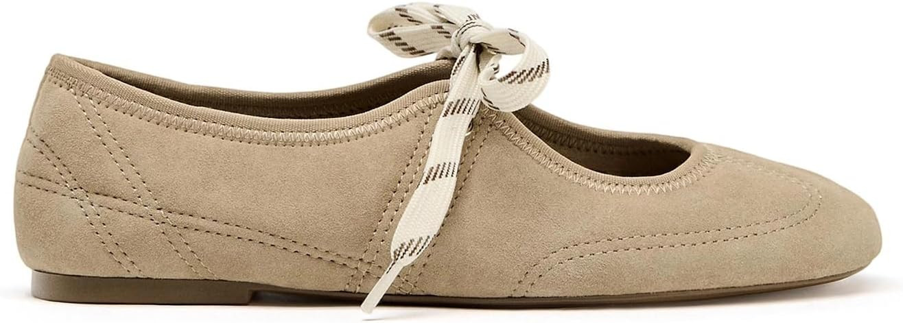 DOEYG Suede Ballet Flats Shoes for Women Lace up Ballerinas Round Toe Mary Jane Flats Dressy Casual Comfortable Cute Shoes | Amazon (CA)