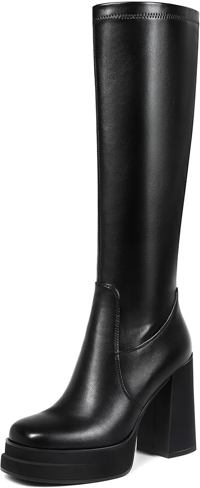 Women's Black Platform Knee High Boots Womens High Chunky Heel Square Toe Stretchy Platform Long ... | Amazon (US)