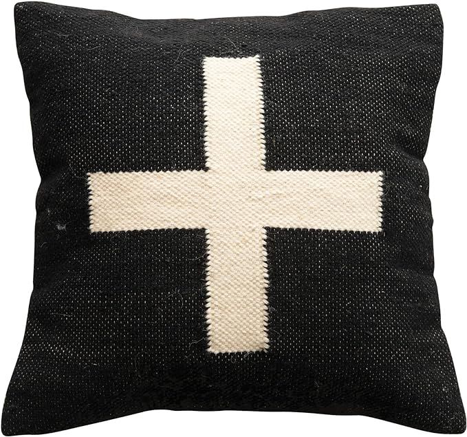 Creative Co-Op Wool Blend Swiss Cross Pillow, 20 inches, Black and Cream | Amazon (US)