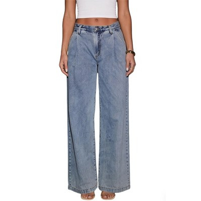 Women Pleated Front Wide Leg Jeans High Waisted Casual Denim Trousers,BLUE,M | Target