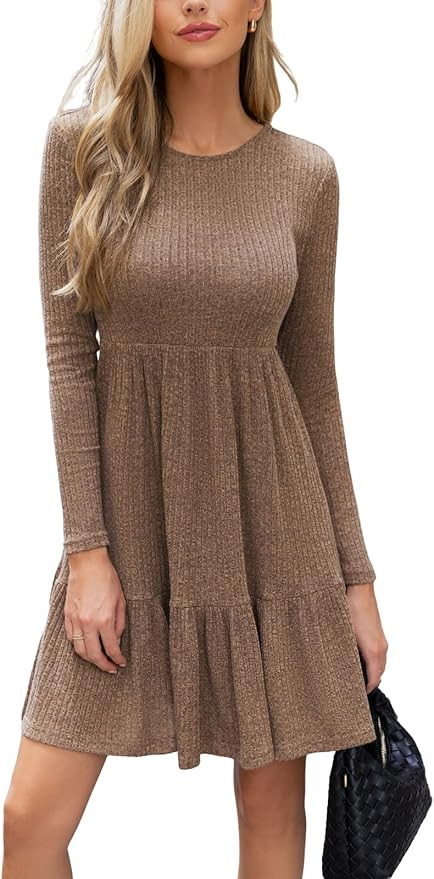 CUPSHE Fall Dress for Women 2025 Casual Round Neck Long Sleeve Knit Ruffled Fitted A Line Mini Sp... | Amazon (US)